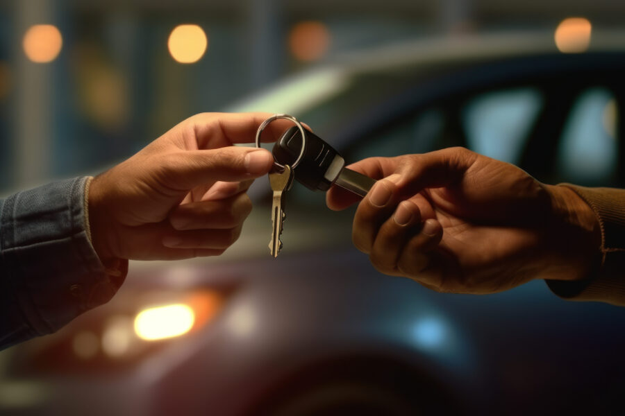 One person hands over car keys to another in a dimly lit parking area during nighttime.