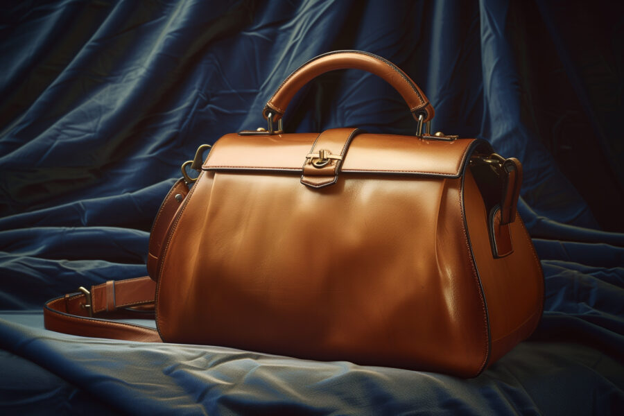 A designer handbag positioned on a plush velvet background with subtle branding elements